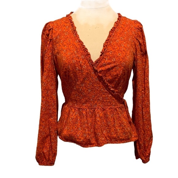 Universal Thread Tops - Universal Thread Burnt Orange Floral True Wrap Long Sleeved blouse top Medium
